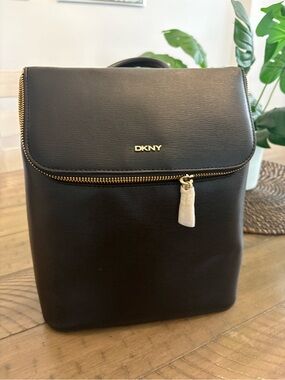 DKNY Black Leather Backpack with Gold Hardware